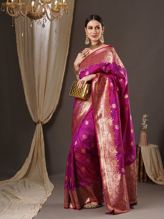 Vibrant pink Pure Banarasi Katan Silk Saree