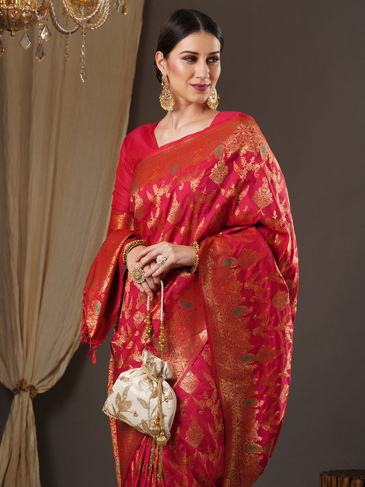 Red Banarasi Silk Saree with Gold Zari Weave