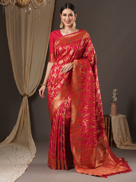 Red Banarasi Silk Saree with Gold Zari Weave