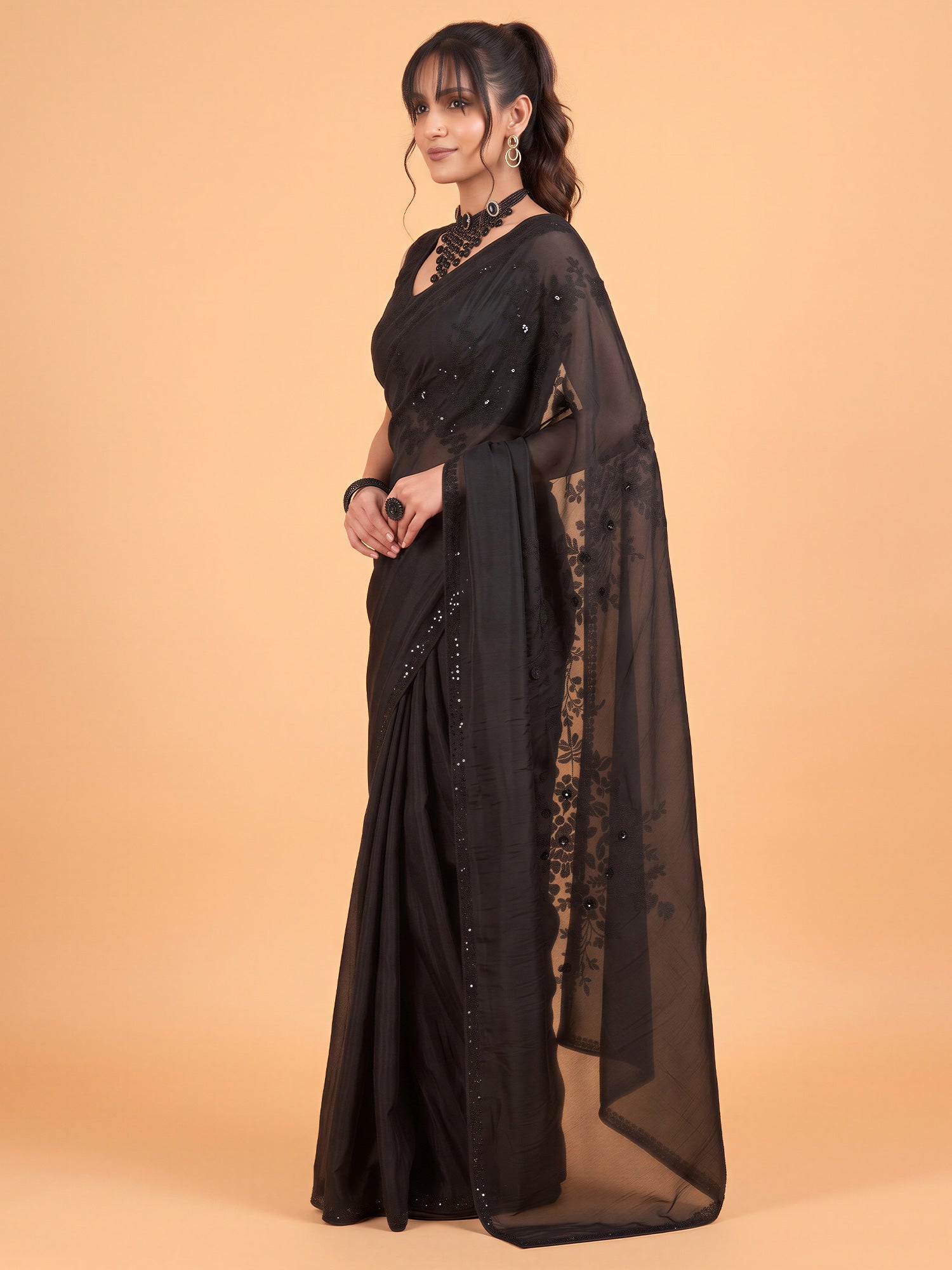 Black Satin Silk saree – detail view 2