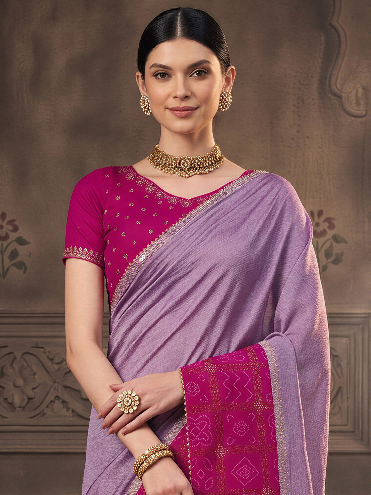 Lavender Vichitra Silk saree – detail view 4