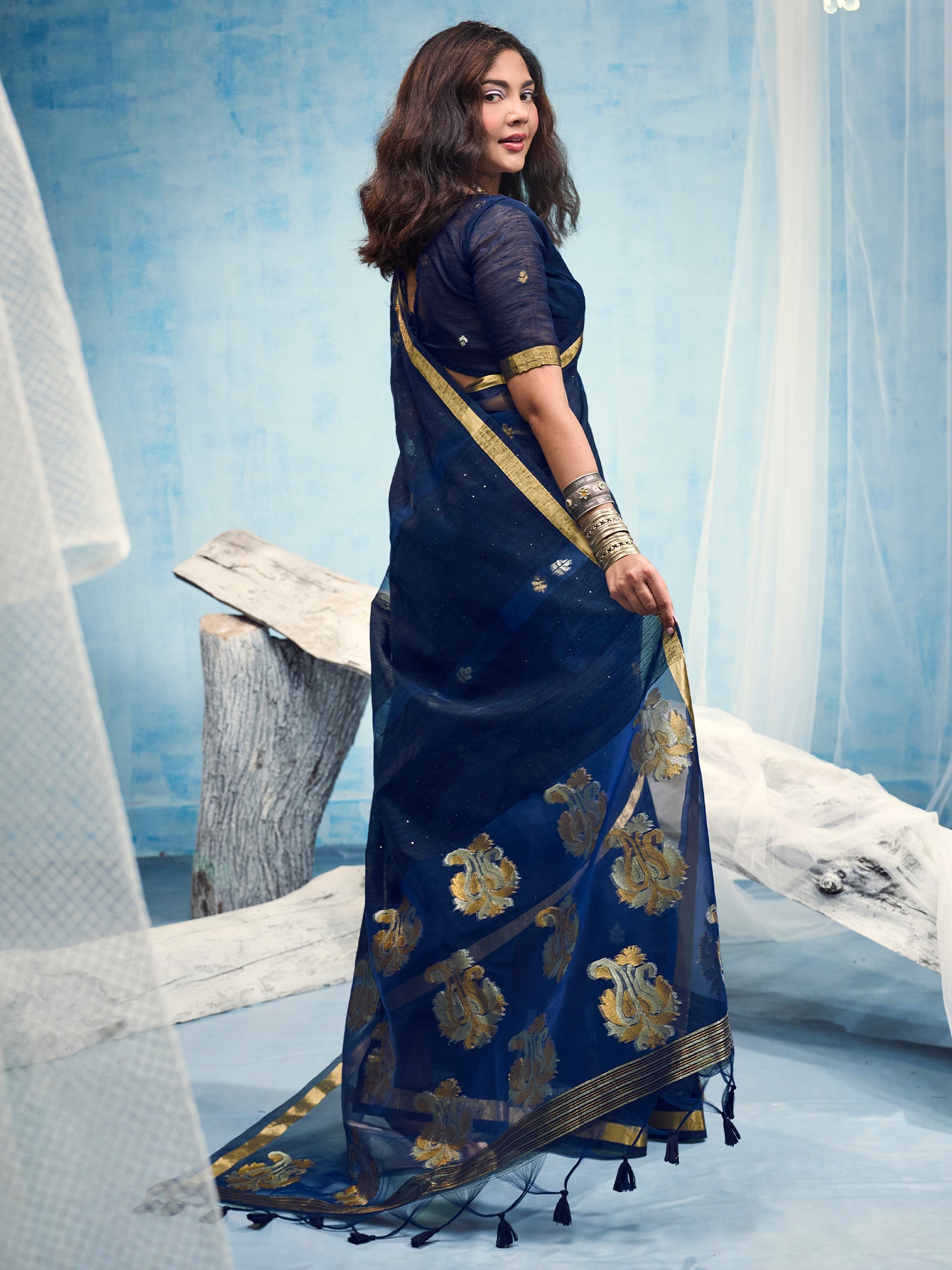 Navy Blue Muga Silk saree – detail view 1
