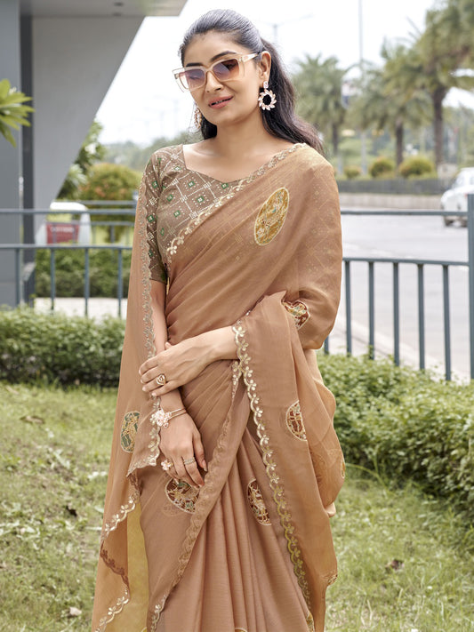 Light Brown chiffon saree view 1