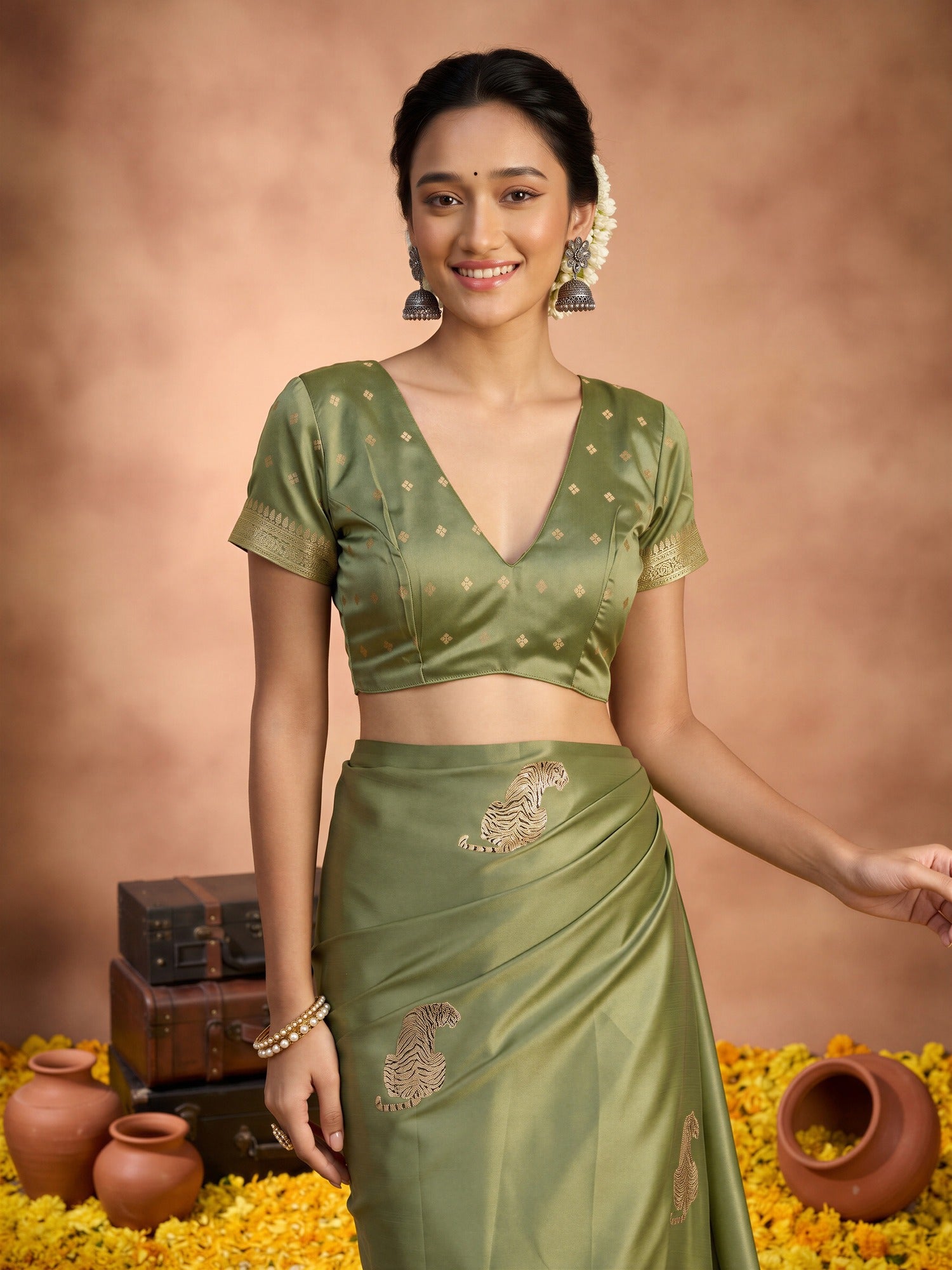 Unstitched olive satin silk blouse piece with paisley design