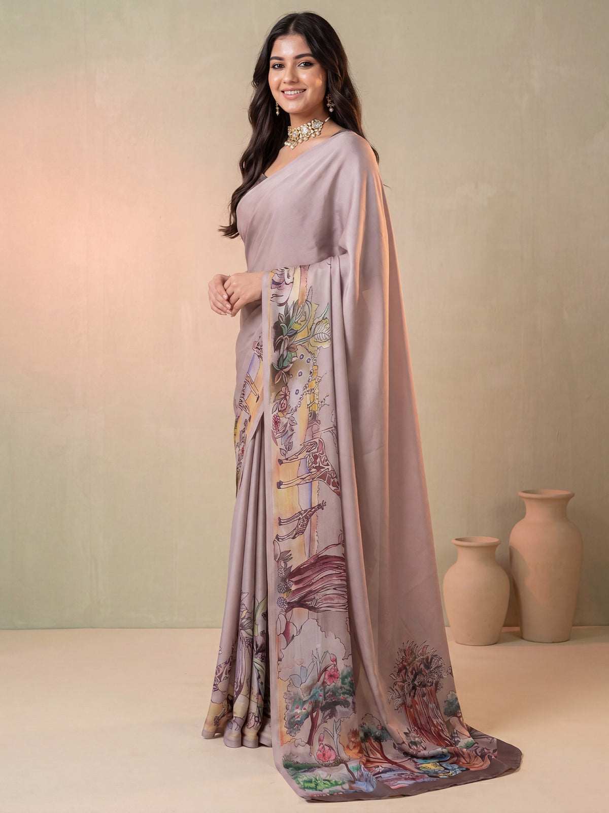 Beige Satin saree – detail view 2