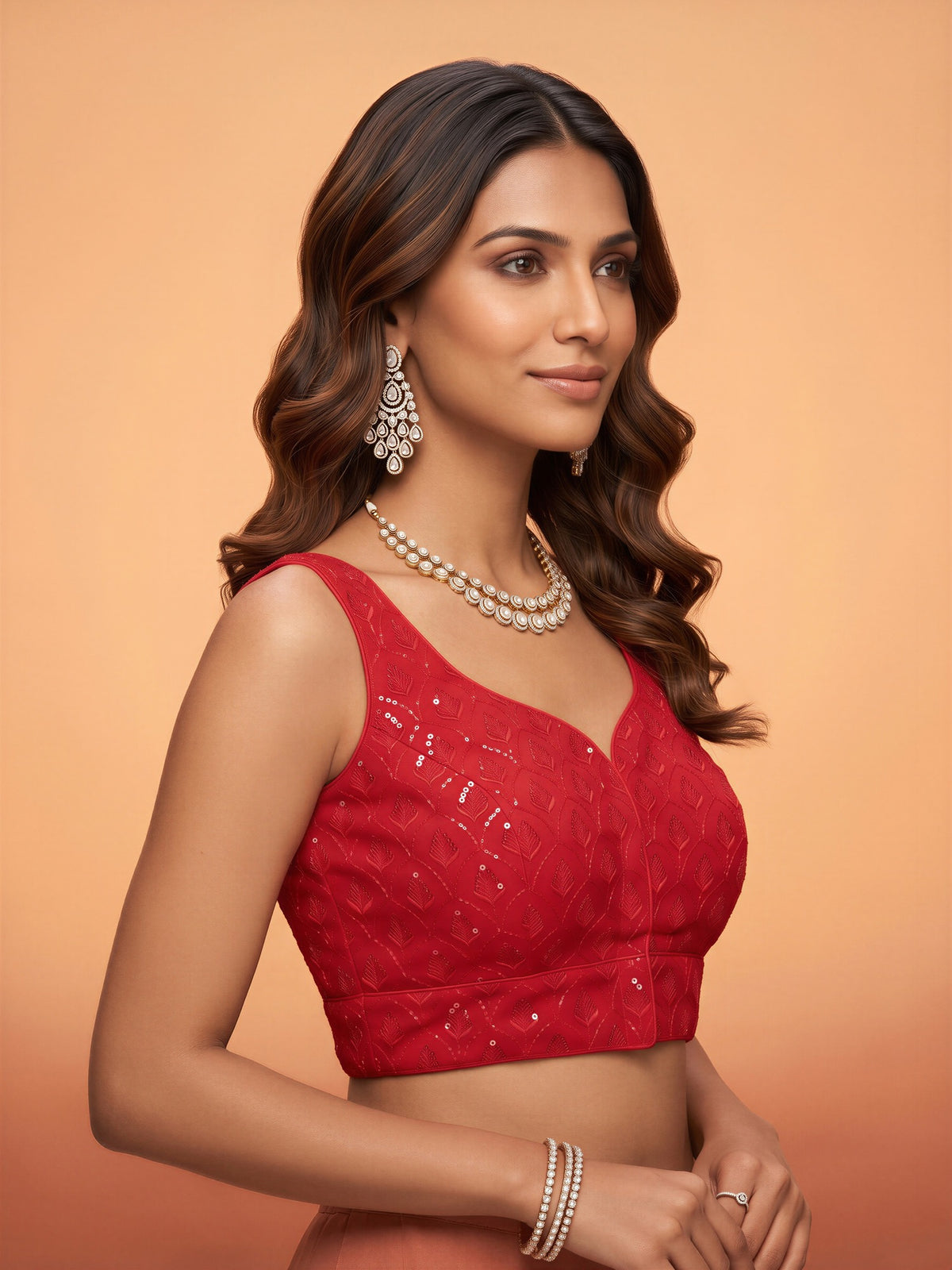 Red sequin embroidered georgette sleeveless readymade saree blouse with sweetheart neck view 2