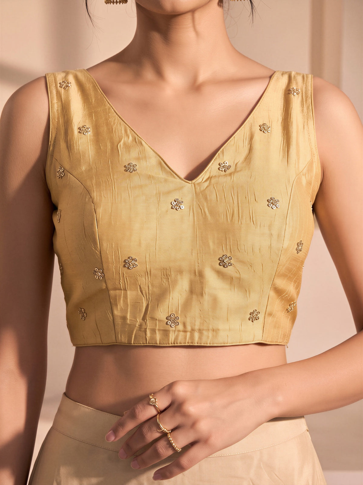 Gold sequin embellished vichitra silk sleeveless readymade saree blouse with v neck view 4