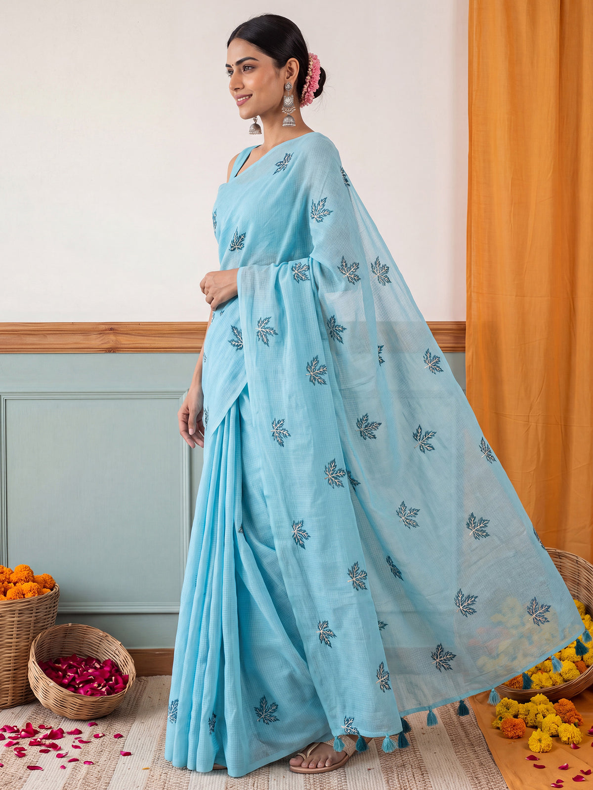Light Blue Kota Doria Cotton saree – detail view 2