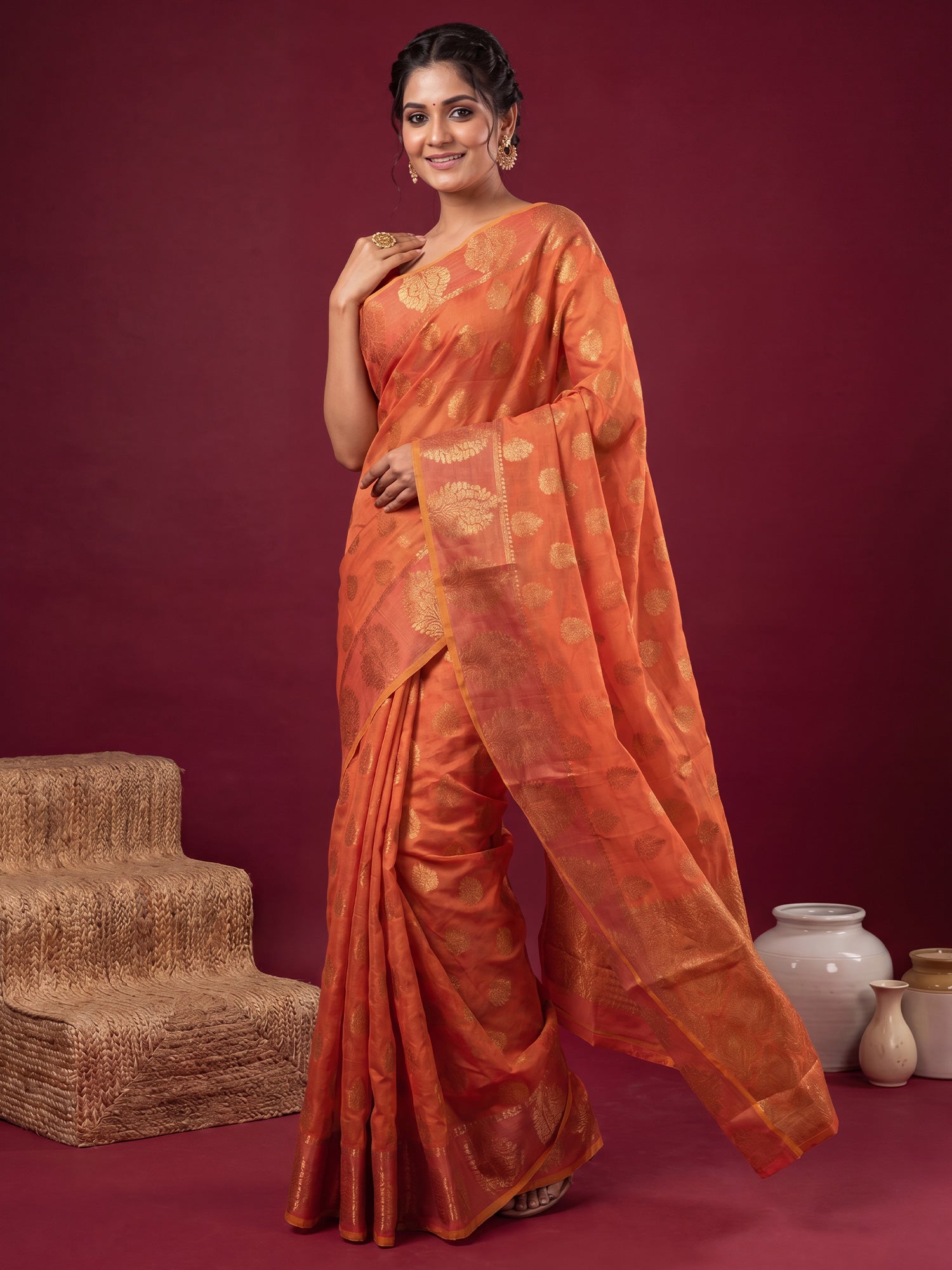 Orange Silk Blend saree – detail view 3