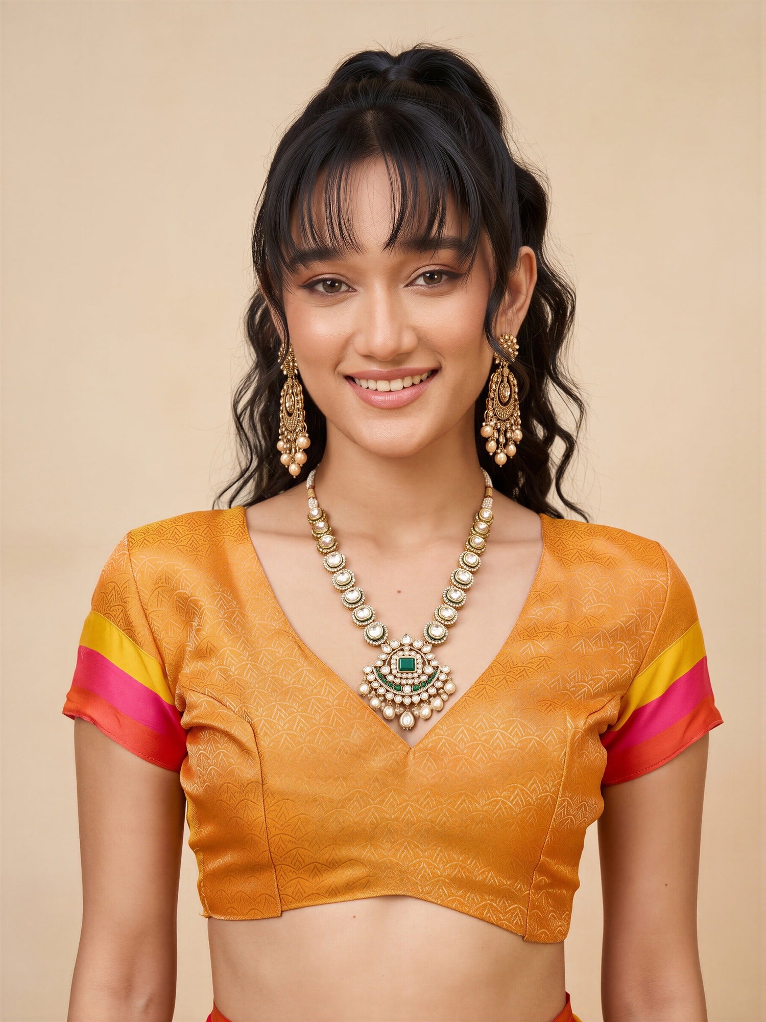 Unstitched orange pure silk blouse piece with ethnic motif design