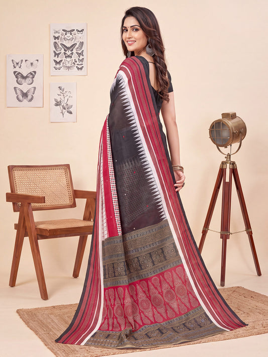 Jet Black Ikat Print Bhagalpuri Silk Saree