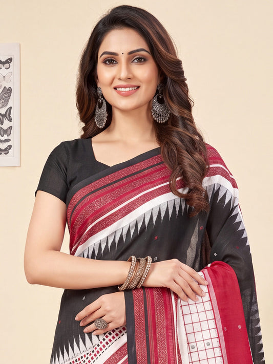 Jet Black Ikat Print Saree