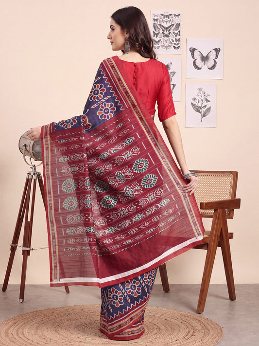Navy Blue Ikat Print Saree