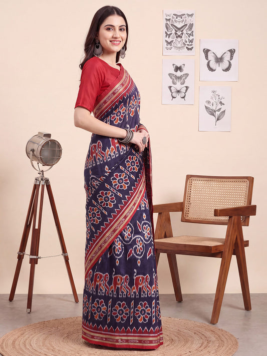 Navy Blue Ikat Print Saree