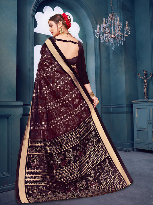 Wine Warli Print Silk Saree with Gold Zari Border