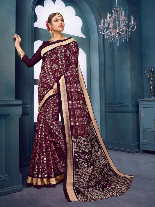 Wine Warli Print Silk Saree with Gold Zari Border