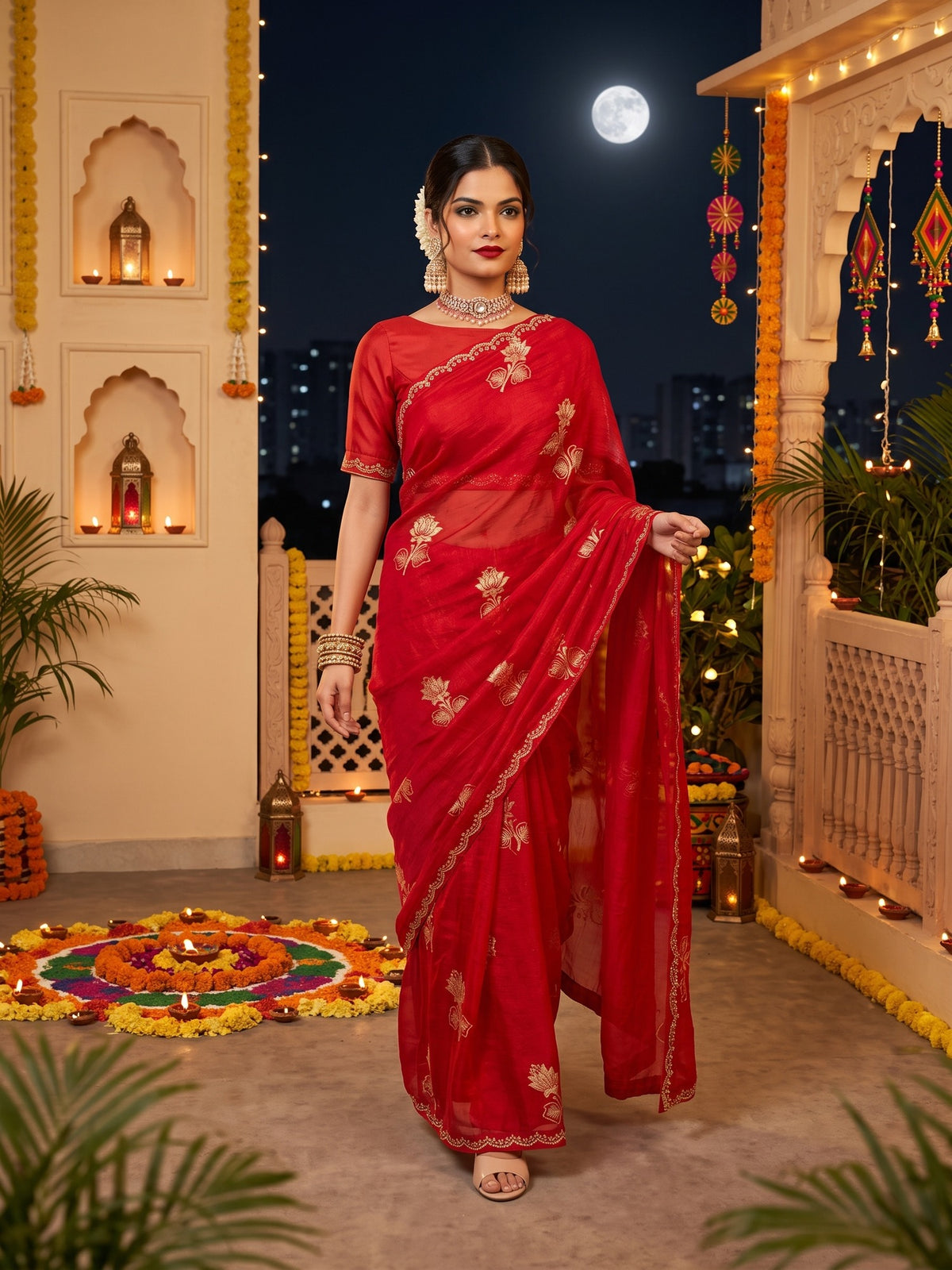 Red Georgette saree – detail view 4