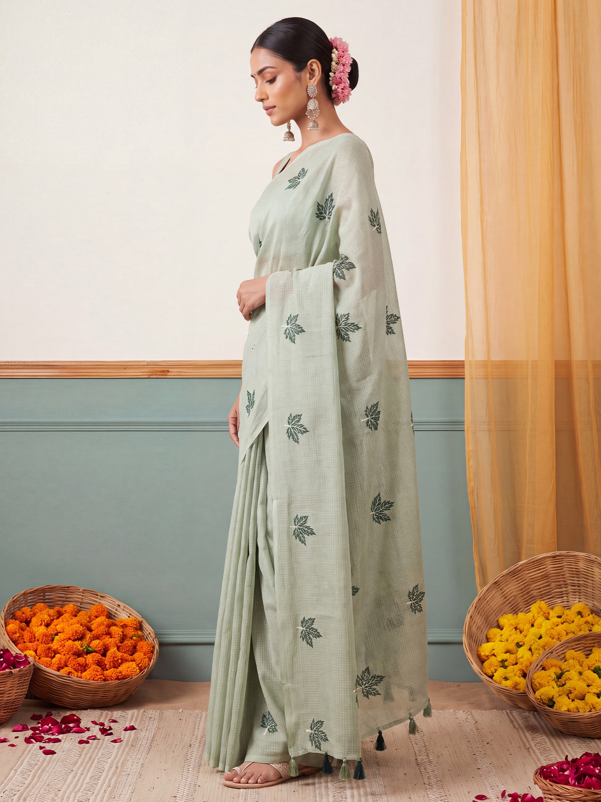 Mint Green Kota Doria Cotton saree – detail view 2