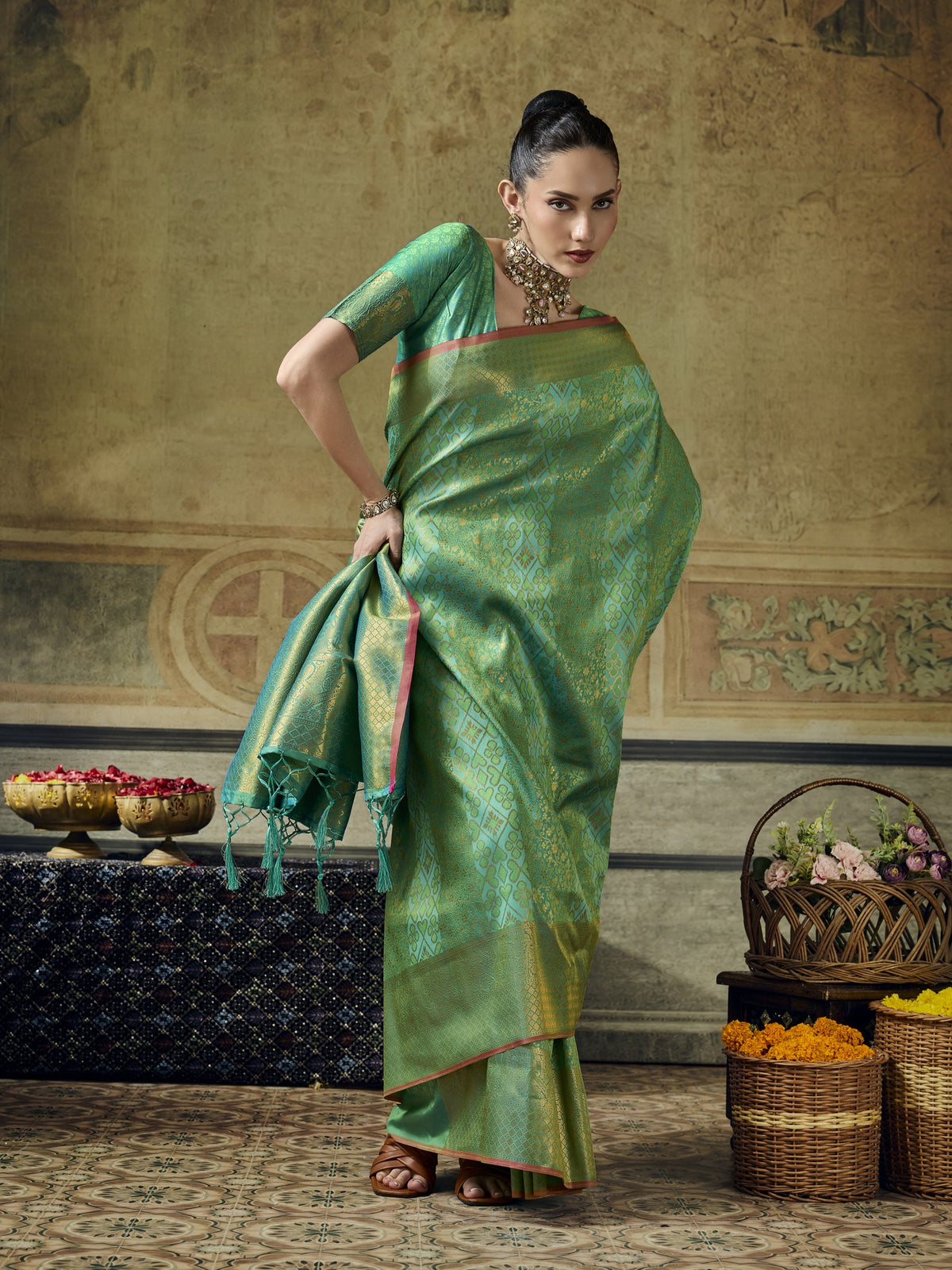 Teal Green Pure Silk saree – detail view 5