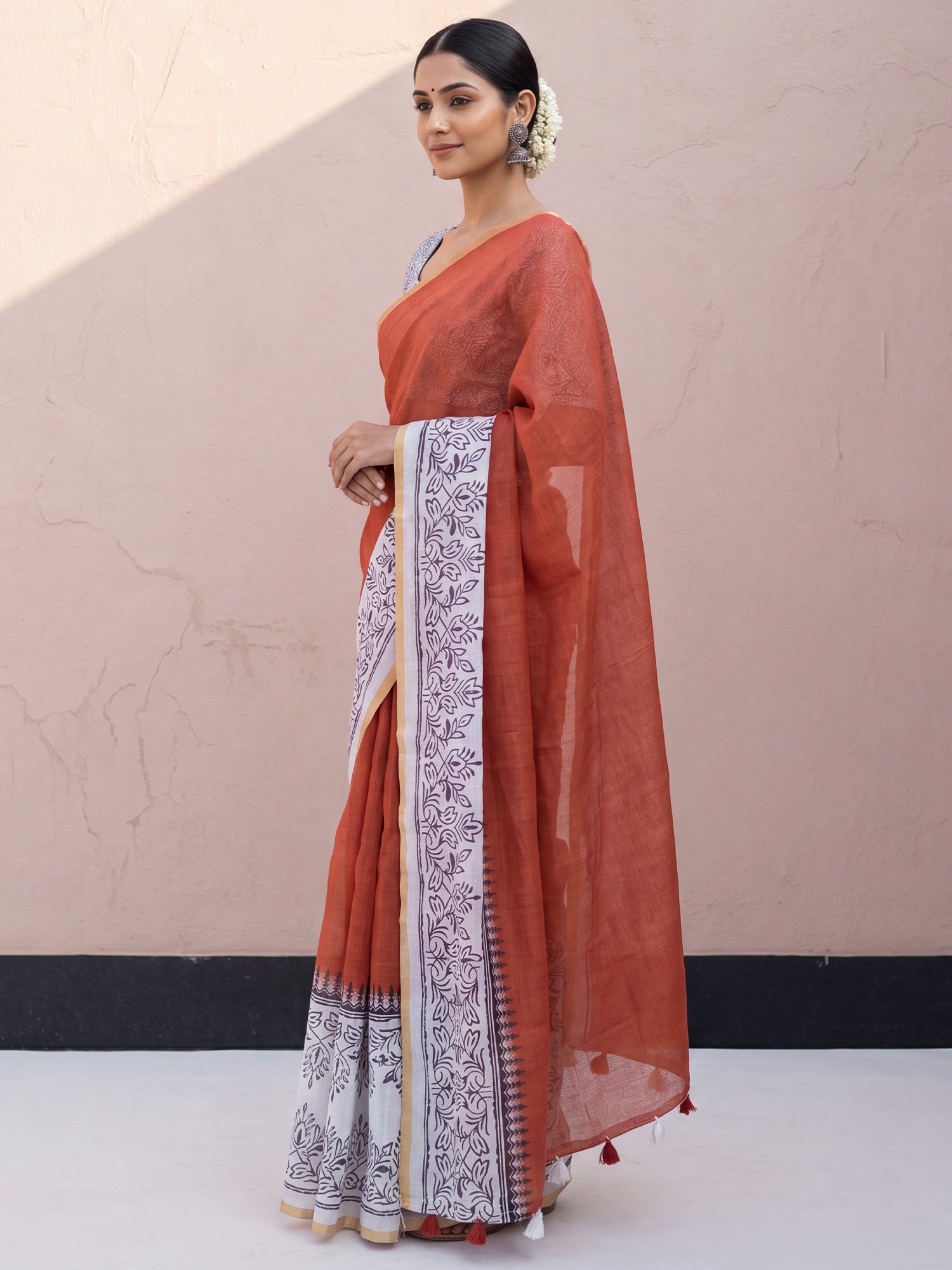 Rust Cotton Linen saree – detail view 2