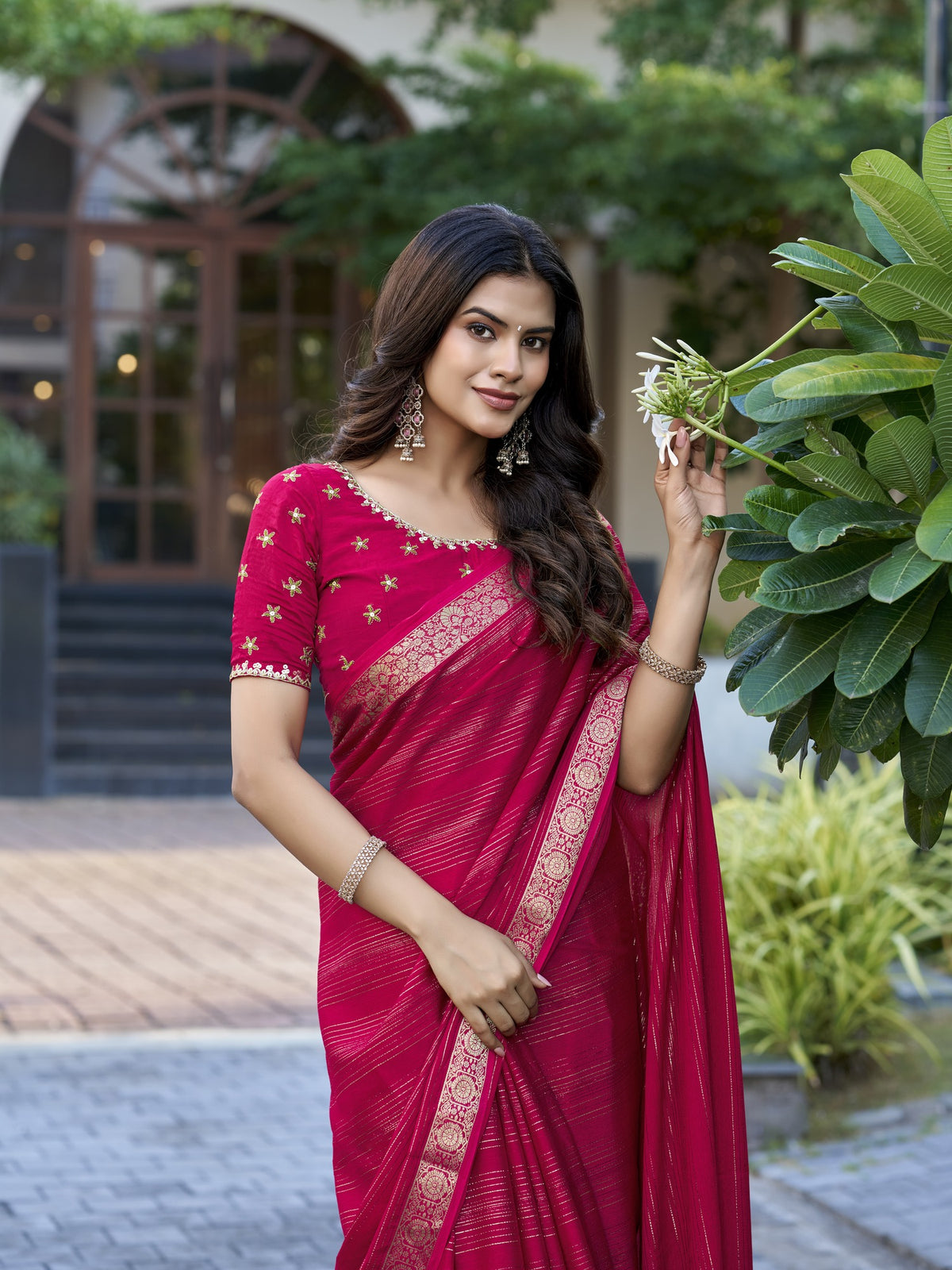Pink jacquard saree view 4