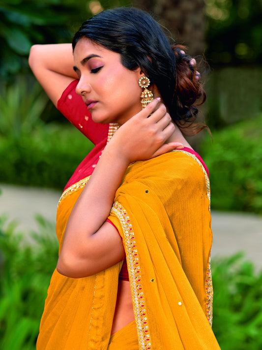 Mustard chiffon saree view 1