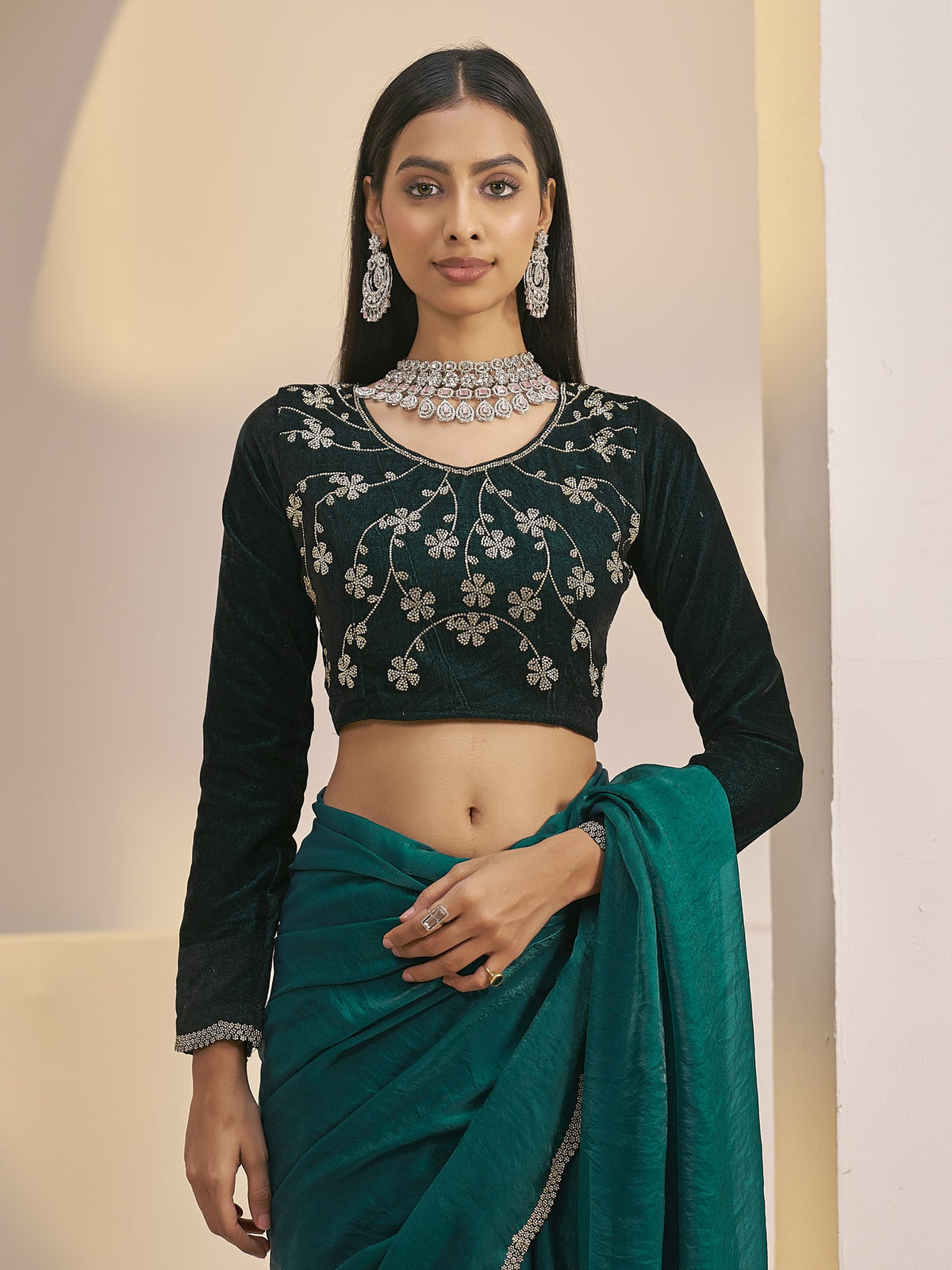 Teal Green satin silk saree view 5