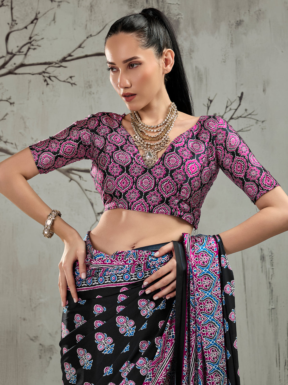 Unstitched magenta satin blouse piece with ajrak design