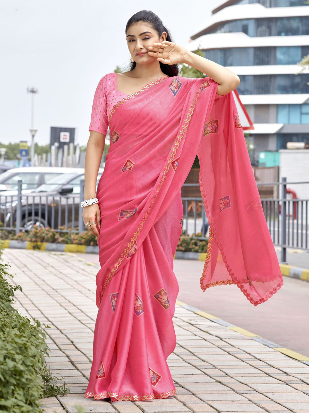 Peach chiffon saree view 2