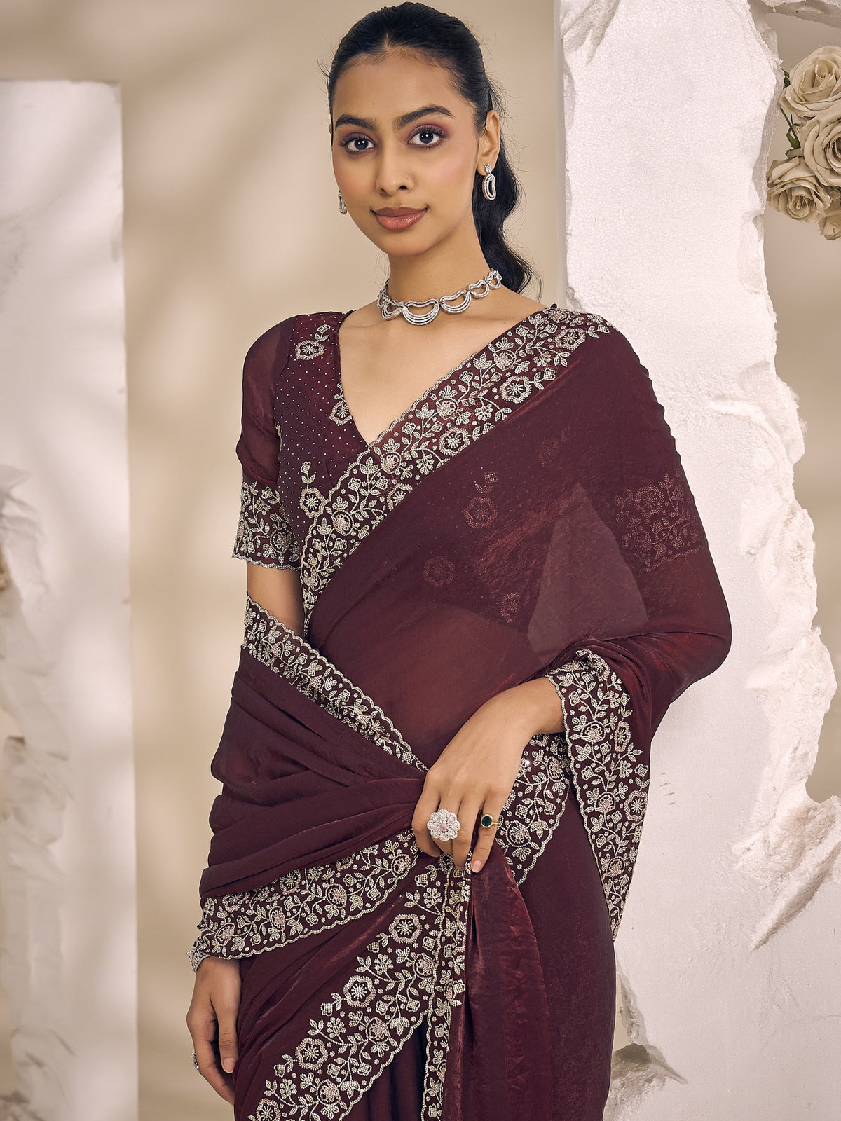 Wine satin silk saree view 4