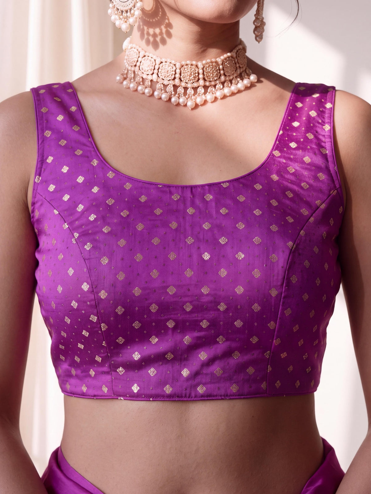 Violet zari woven silk blend sleeveless readymade saree blouse with round neck view 2
