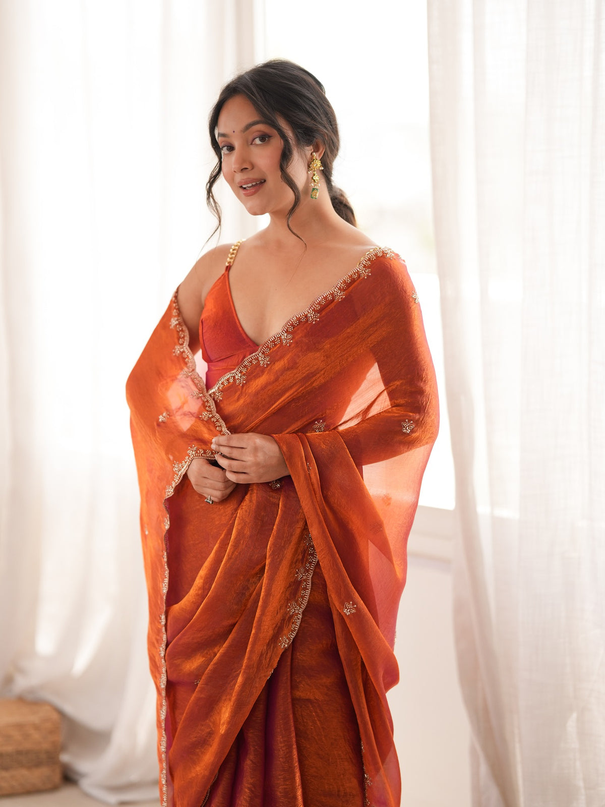 Orange Satin saree – detail view 3