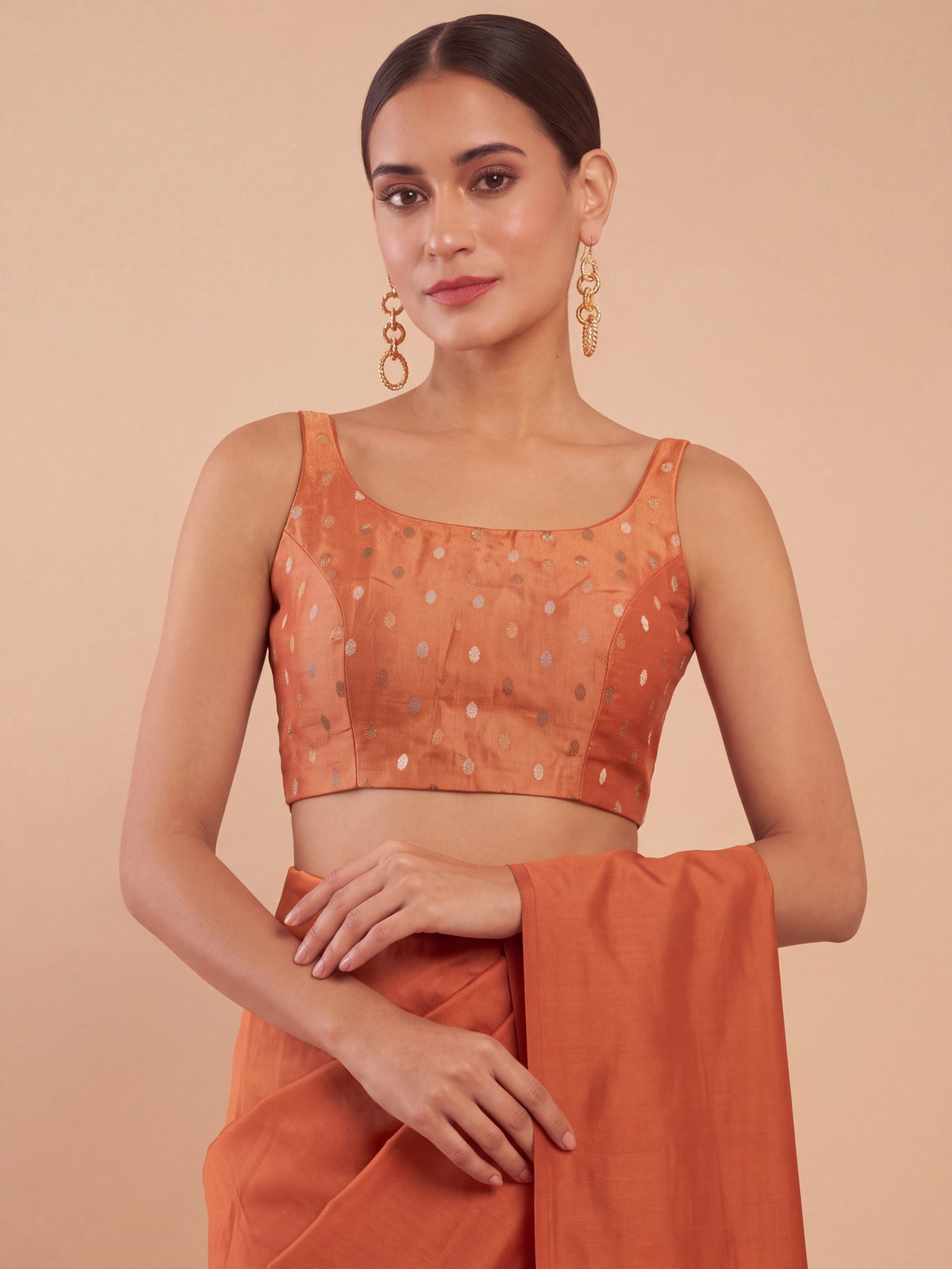Orange zari woven georgette sleeveless readymade saree blouse with round neck view 4