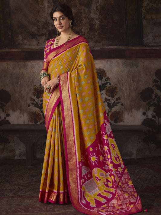 Mustard ikat silk blend saree with pink blouse piece