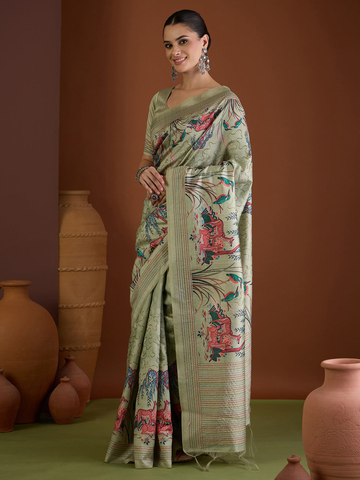 Sea Green art silk saree view 3