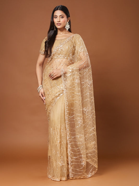 Woman wearing beige net saree with ornamented surface design and beige blouse