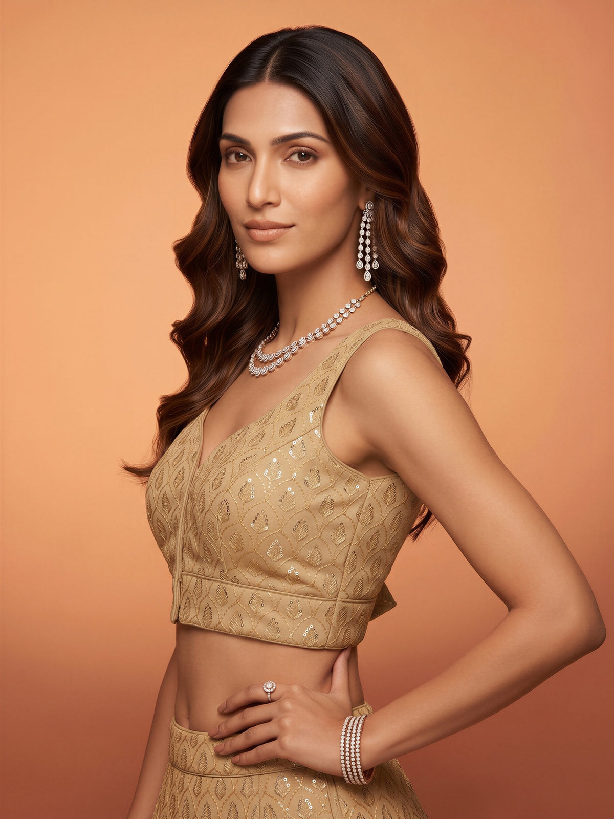 Cream sequin embroidered georgette sleeveless readymade saree blouse with sweetheart neck view 2