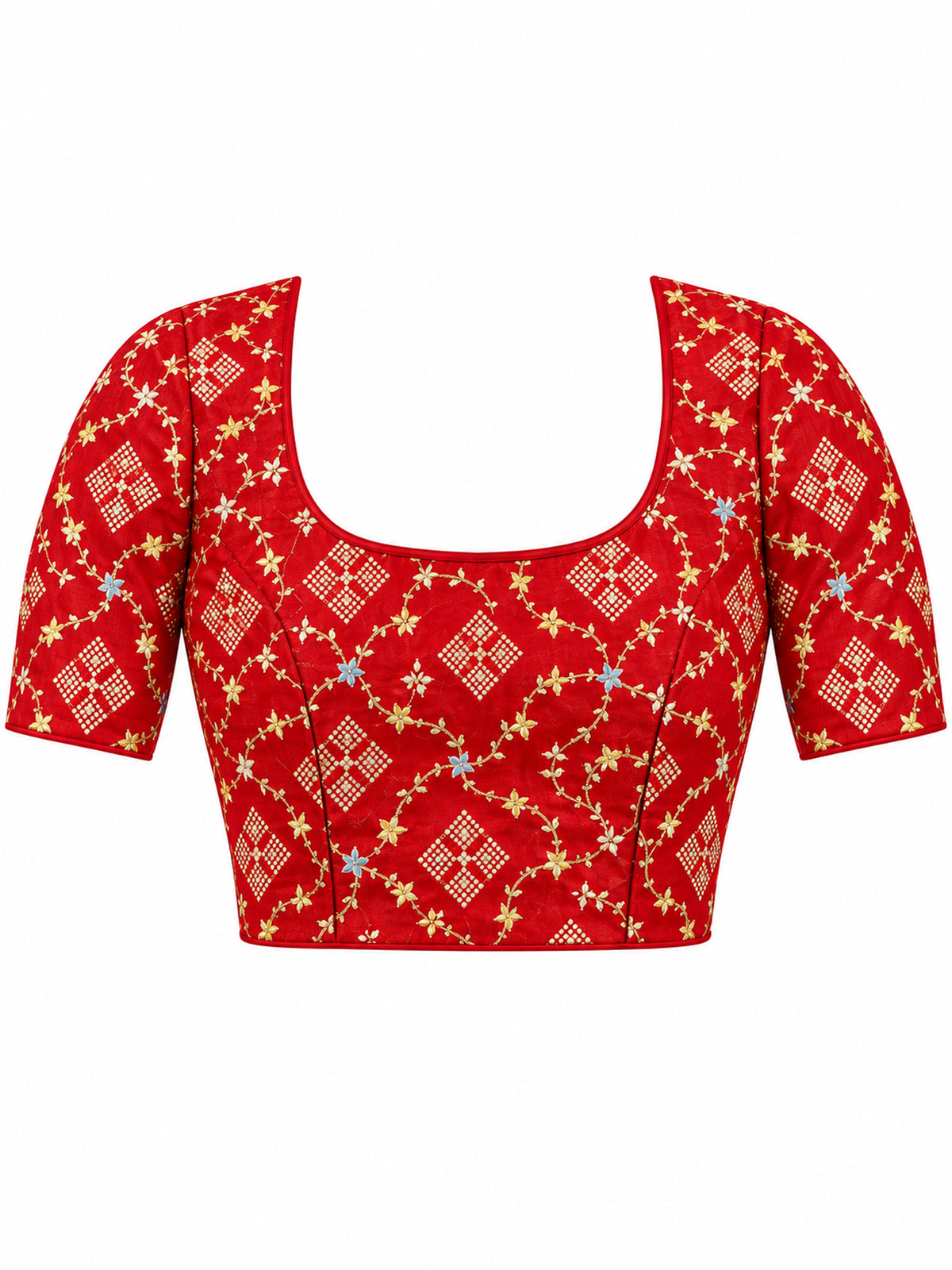 Unstitched red silk blend blouse piece with foil design