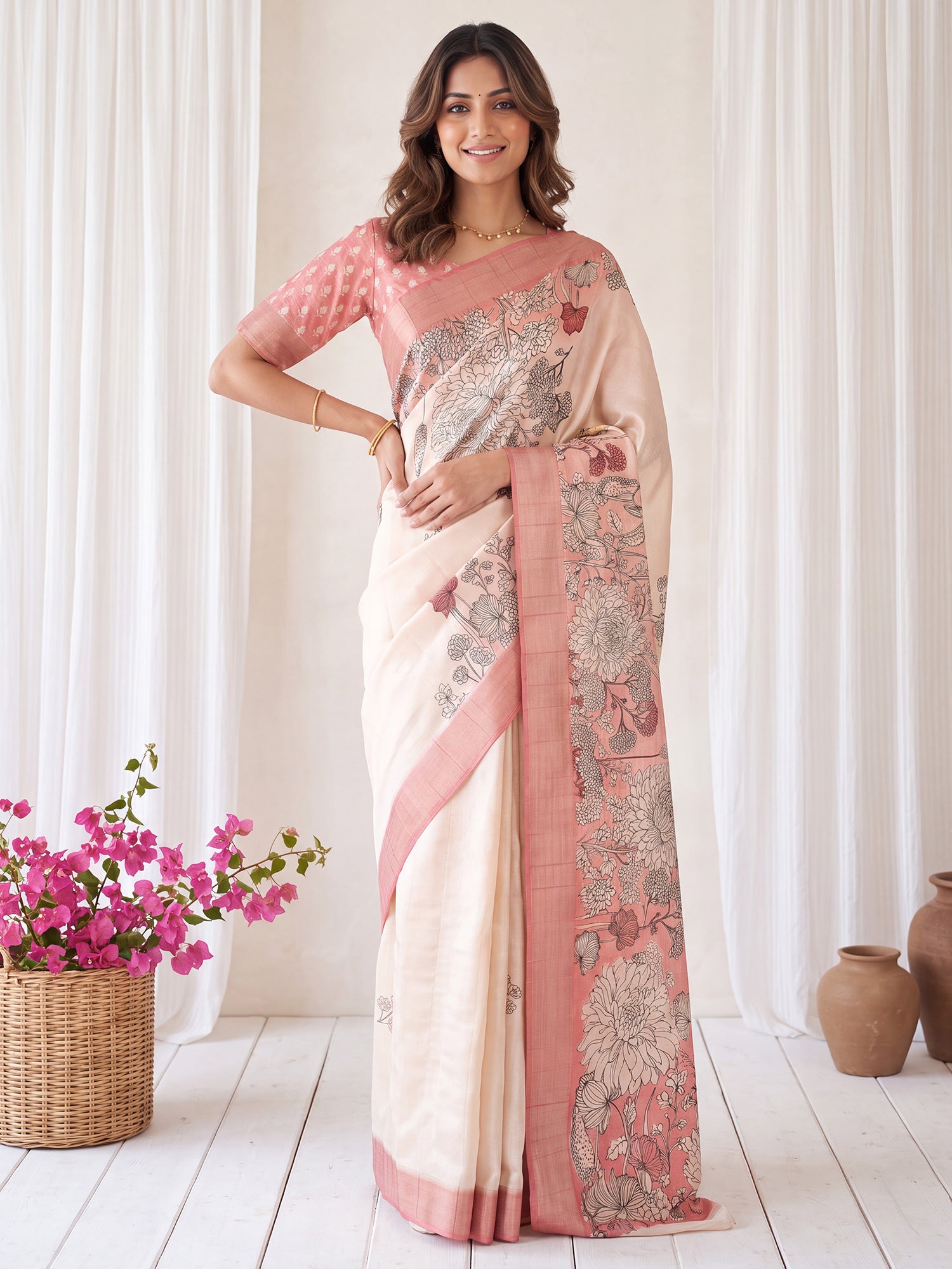 Woman wearing off white satin silk saree with all-over floral design and peach blouse