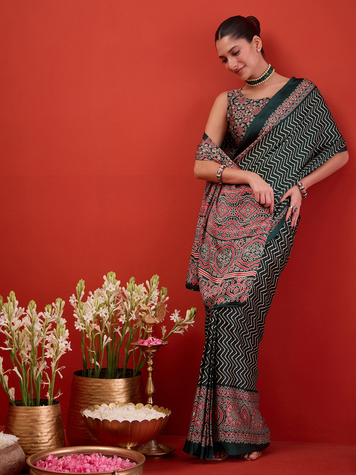 Green Satin saree – detail view 2