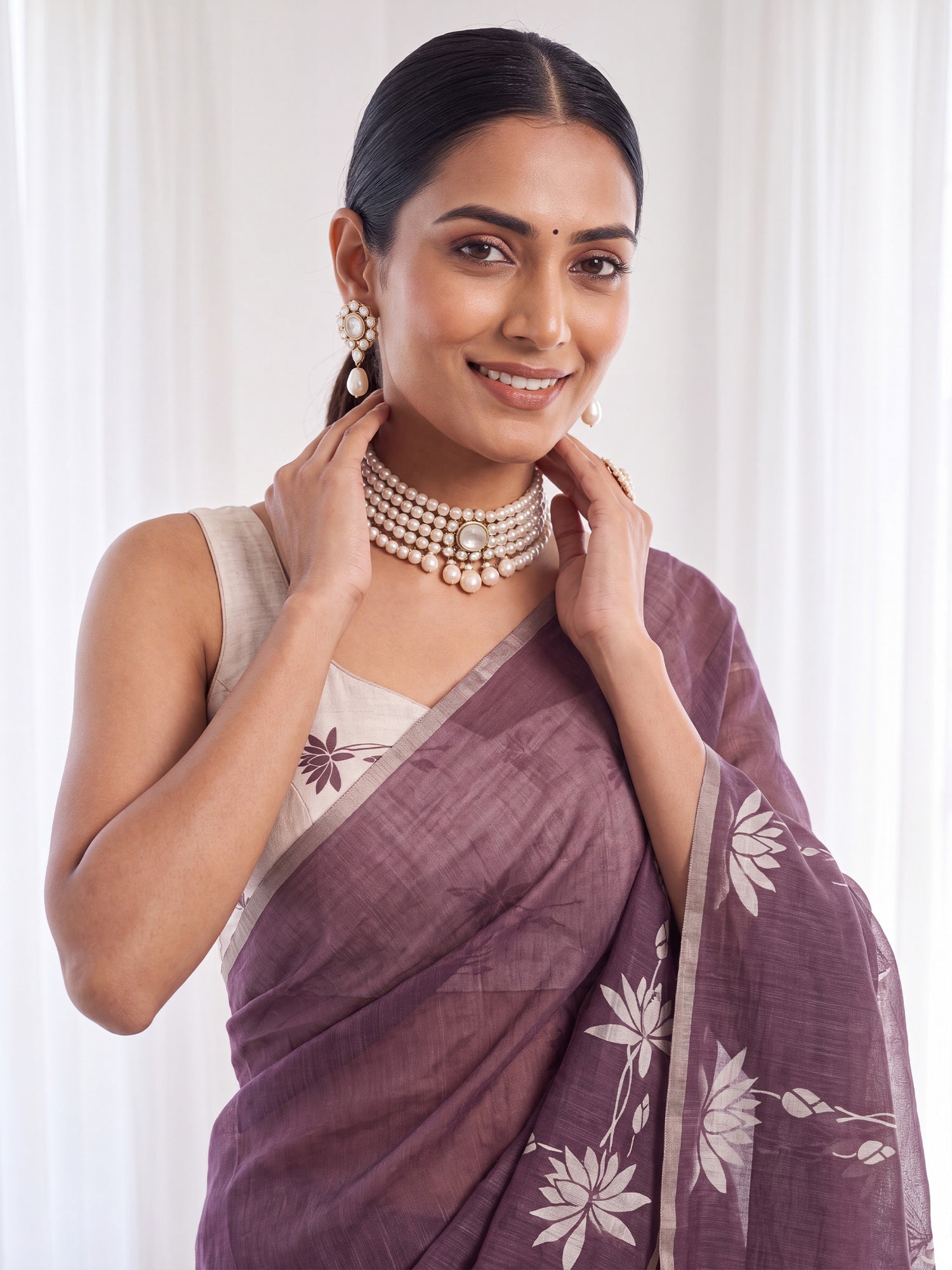 Wine Cotton Linen saree – detail view 4