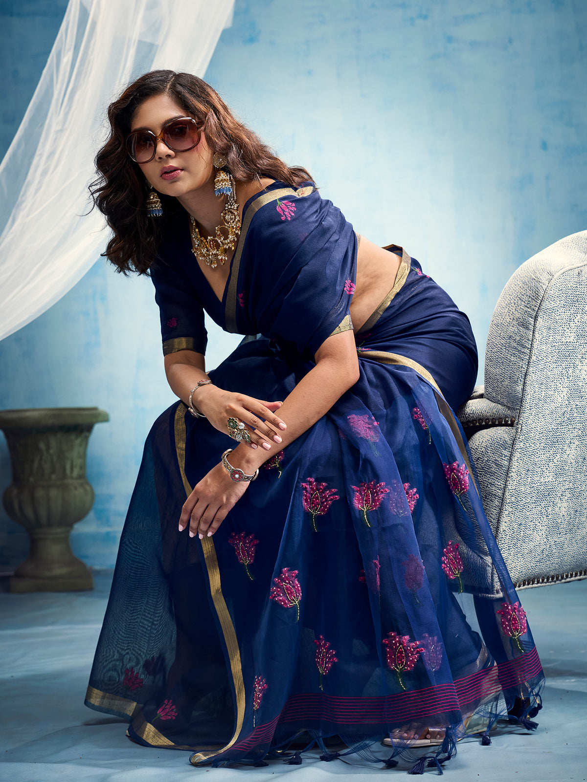 Blue Muga Cotton saree – detail view 3