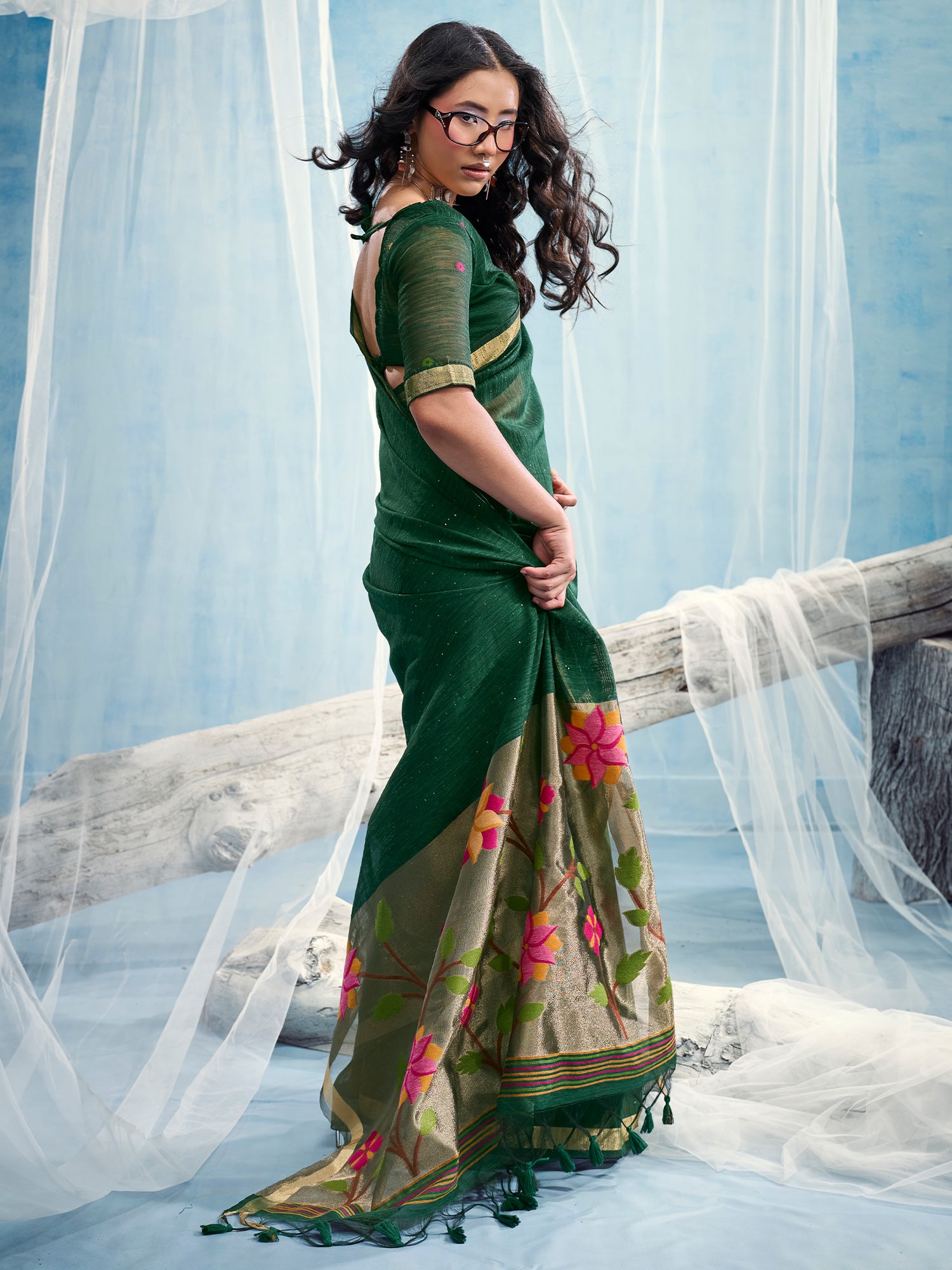 Green Muga Silk saree – detail view 1
