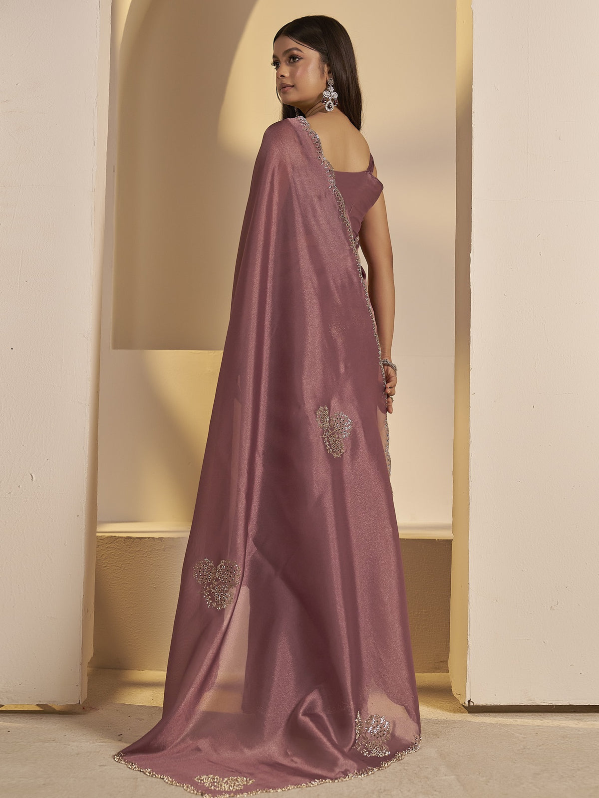 Mauve organza saree view 5