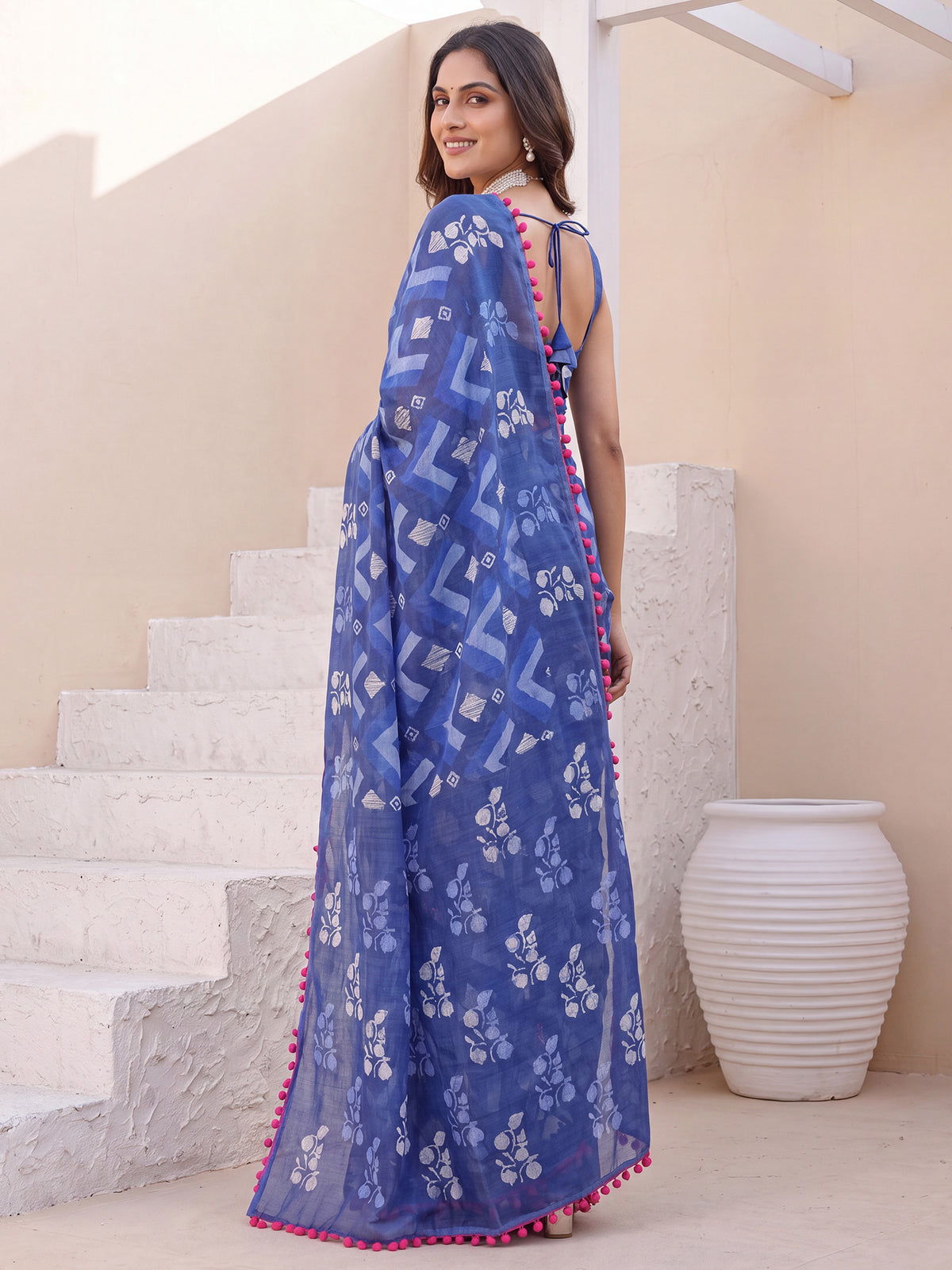 Navy Blue Cotton saree – detail view 1