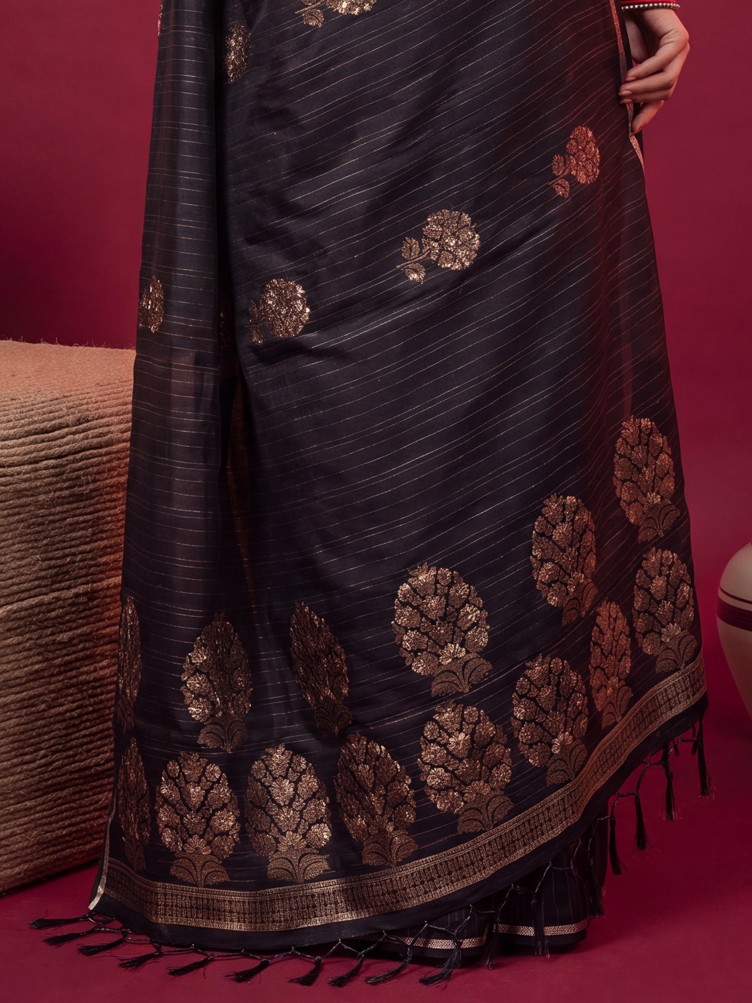 Black Satin Silk saree – detail view 5