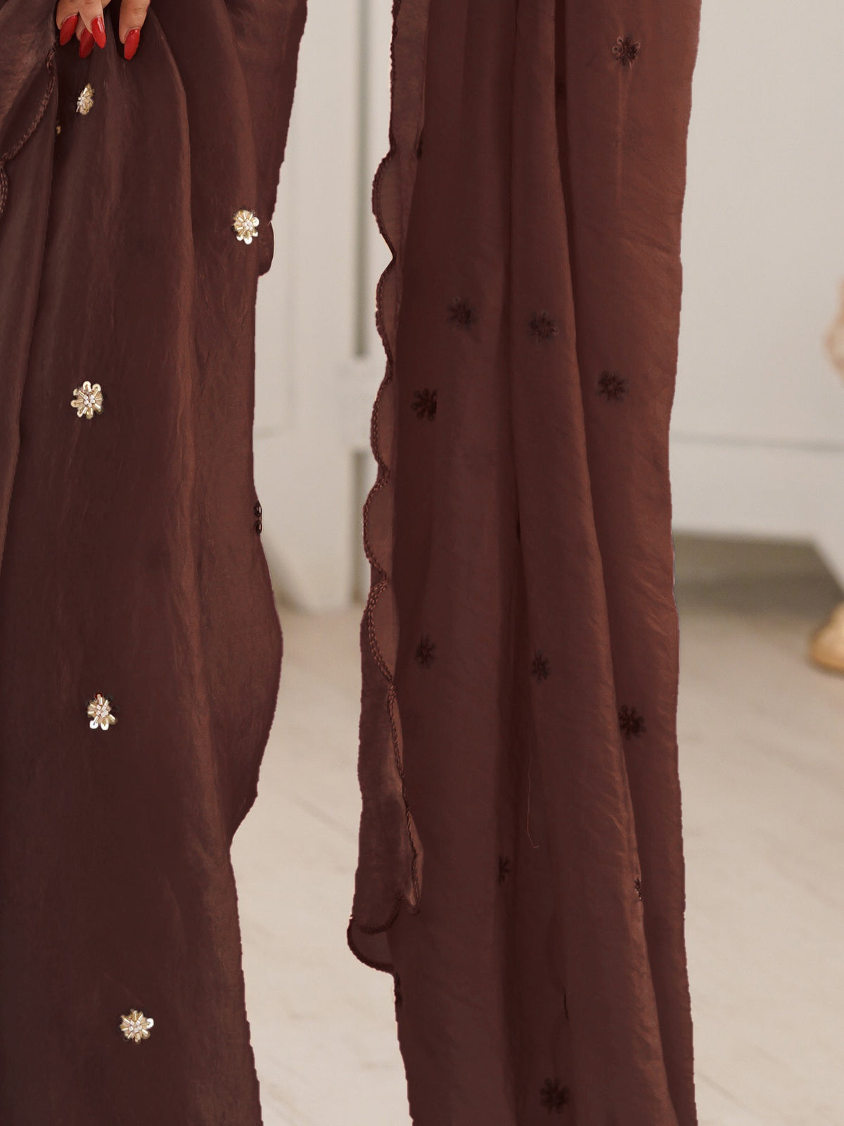Pallu detail of brown satin saree showing ornamented surface design and embroidered border