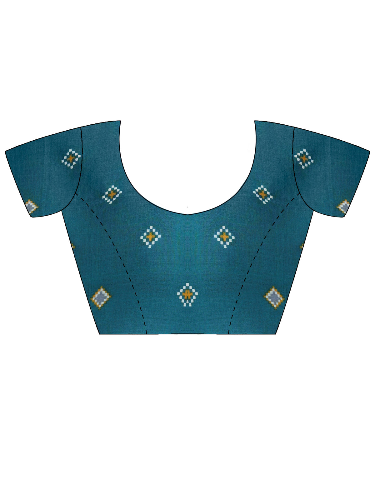 Unstitched teal blue cotton blouse piece with ethnic motif design