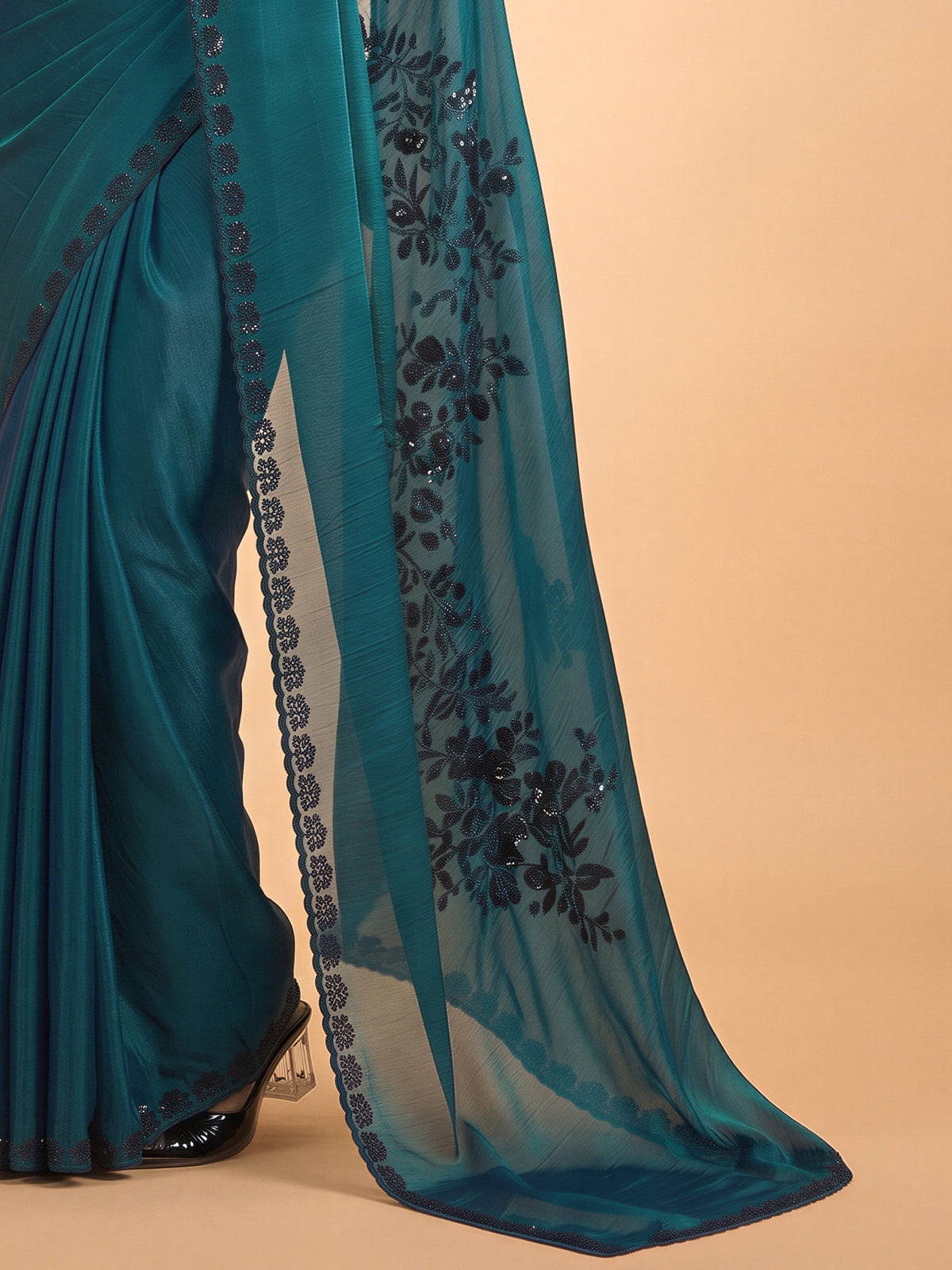 Teal Green Satin Silk saree – detail view 5