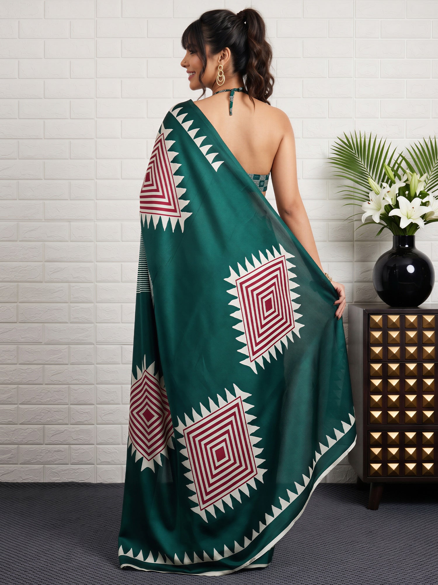 Green Satin Silk saree – detail view 1